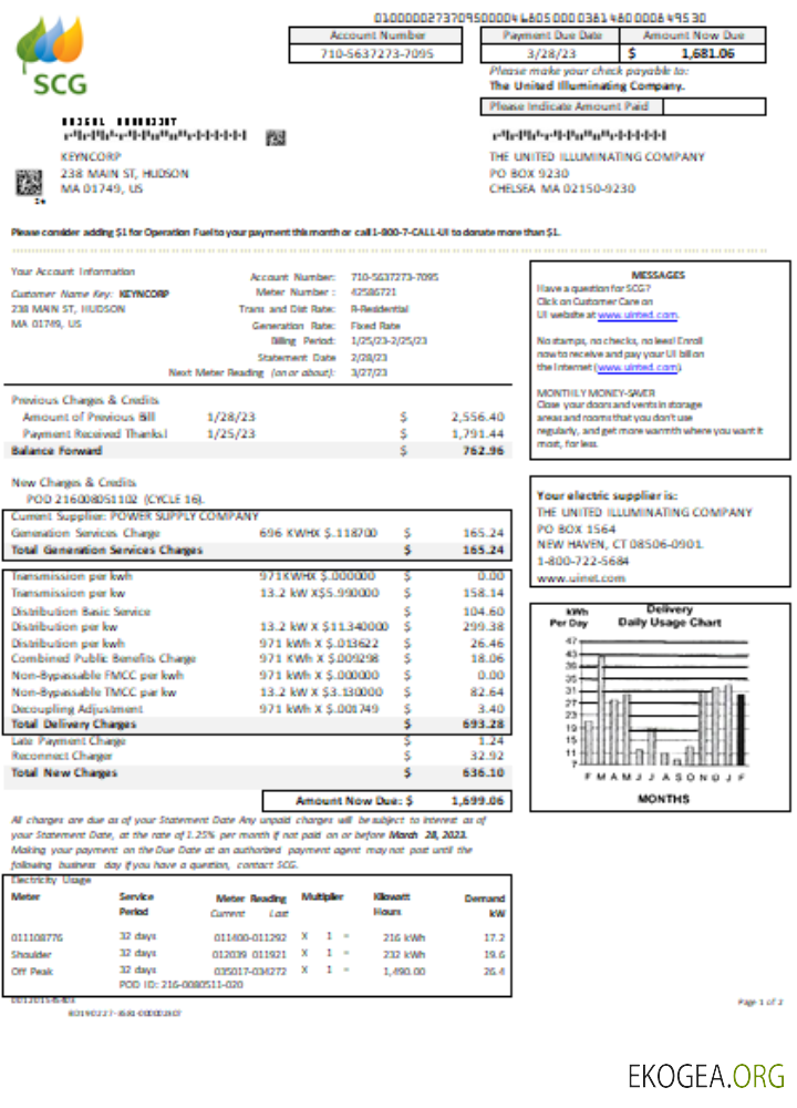 Massachusetts Chelsea SCG Projet de loi sur les services publics de United Illuminating Company SCR, page 1